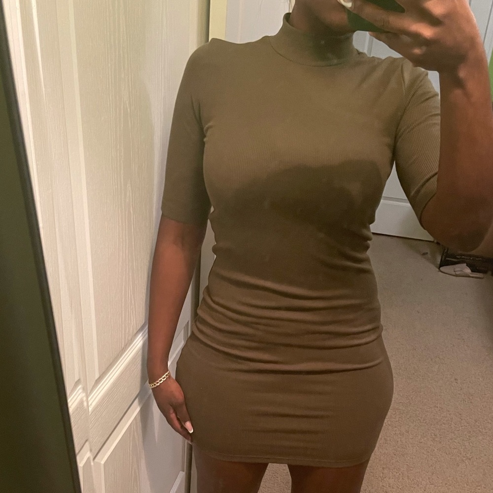 Olive Mock Neck Ribbed Dress - Picture 9 of 10